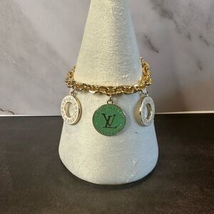 🌿 Gold & Green Charm Bracelet – Repurposed Designer-Inspired Statement Piece